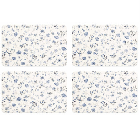 Blue and white floral plastic placemats set of 4, 17.2 x 11.25 inches, easy-clean table mats