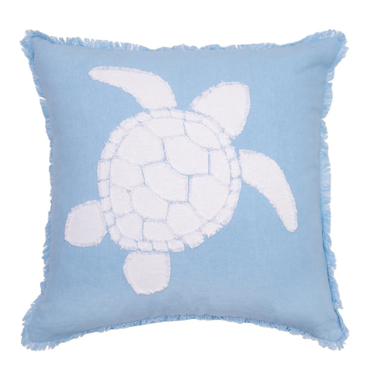 C&F Home Blue Turtle Pillow with white turtle applique design on a blue background and fringed edges, 18x18 coastal cotton decorative pillow.