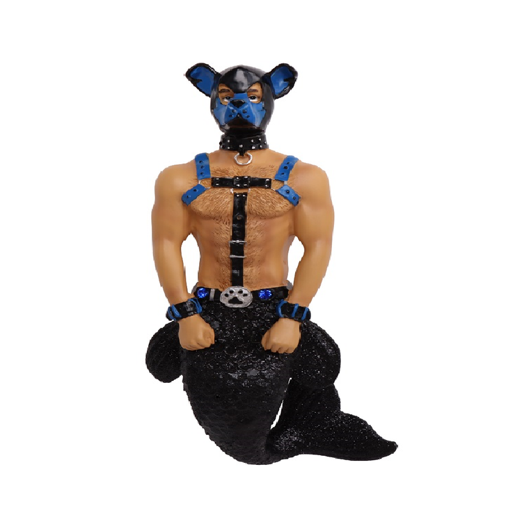 merman with black tail, wearing blue and black leather straps and pup mask.