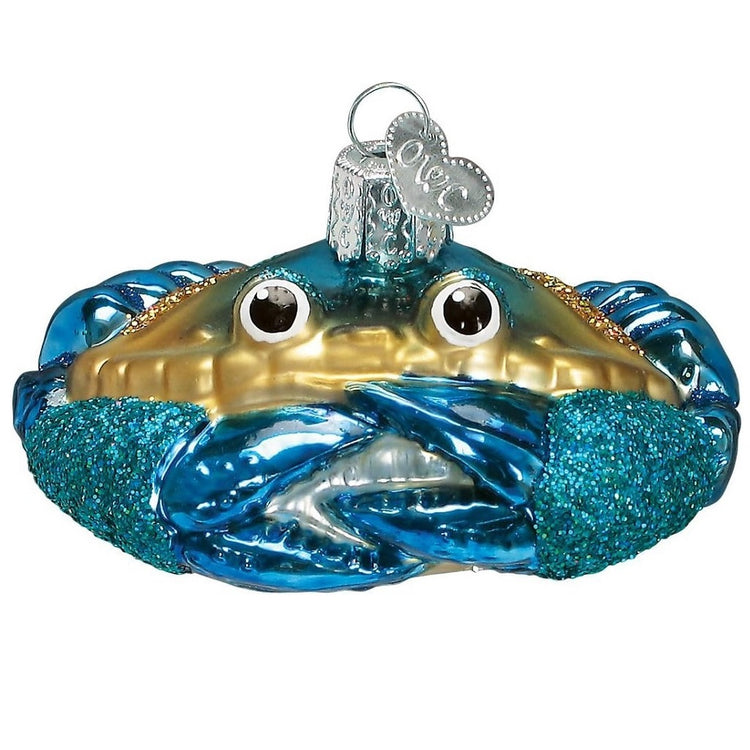 Blown glass hanging ornament that looks like a blue crab