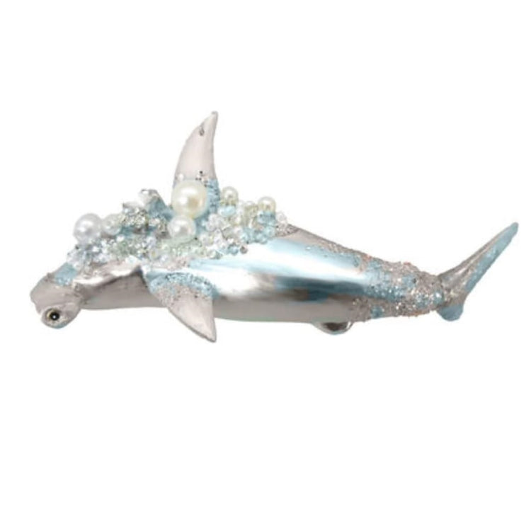 blue and gold hammerhead shark ornament with glitter and pearl bead accents.