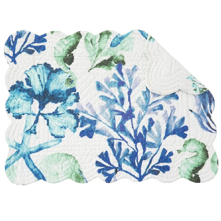 white rectangle placemat with blue and green sea life and seahorse