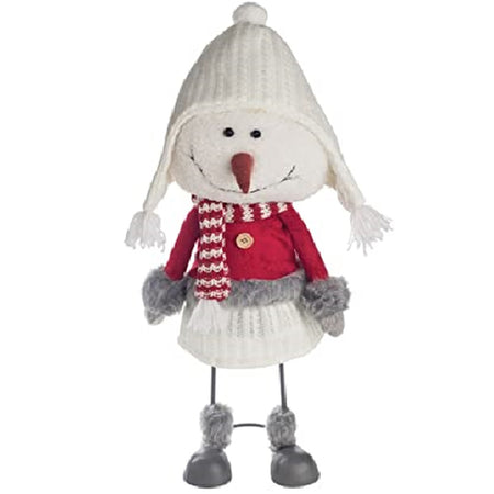 standing snowman figure with white knit hat, red shirt with grey trim and a red and white scarf. Grey boots with fuzzy socks and a carrot nose.