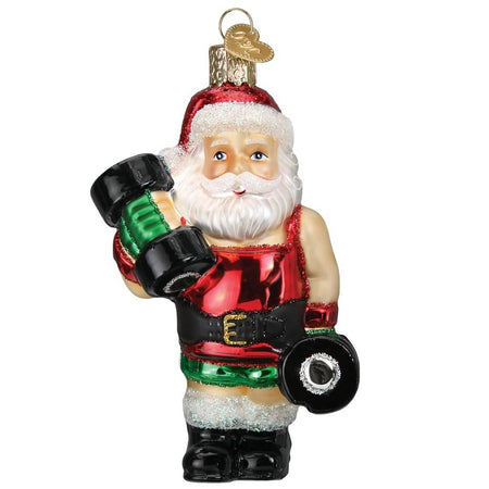 Blown glass ornament, Santa in red and green weightlifting outfit and belt, with large dumbells.