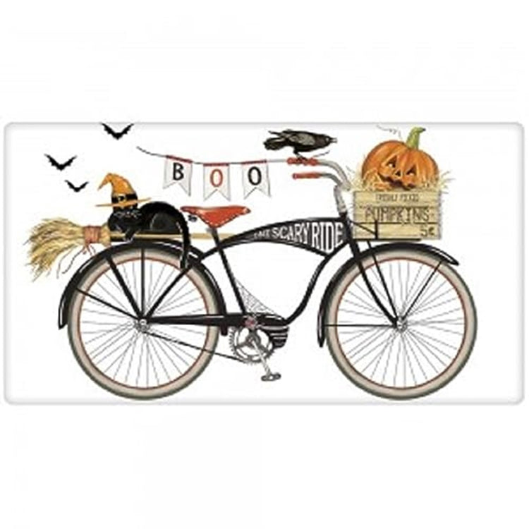 Side view of black bike that says Scary Ride.  A black cat is on the back and a pumpkin in a crate as a basket, crow on the handles