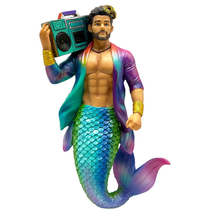 merman wearing a multicolor coat that matches his scales, holding a vintage inspired boom box on one shoulder.