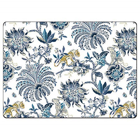 Rectangle shaped placemat with blue floral print and gold tigers in the print.