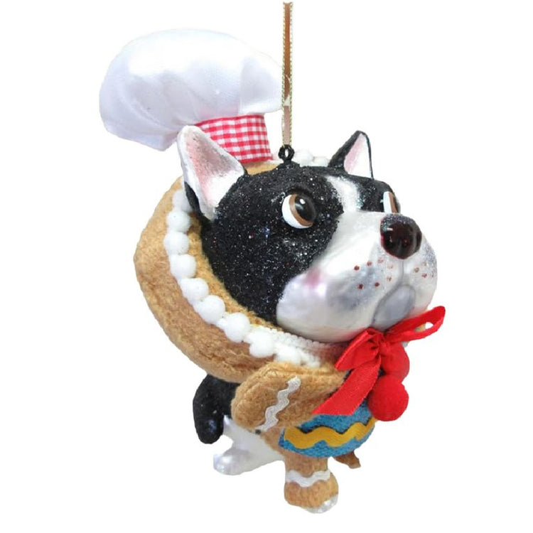 December Diamonds bulldog gingerbread costume glass and fabric ornament 6.25 inch Christmas decoration