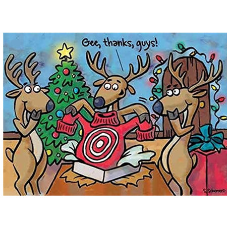 colorful card with a Christmas tree and lights. 3 reindeers, one is opening a gift which is a sweater with a bullseye on the front. "Gee, thanks, guys!"