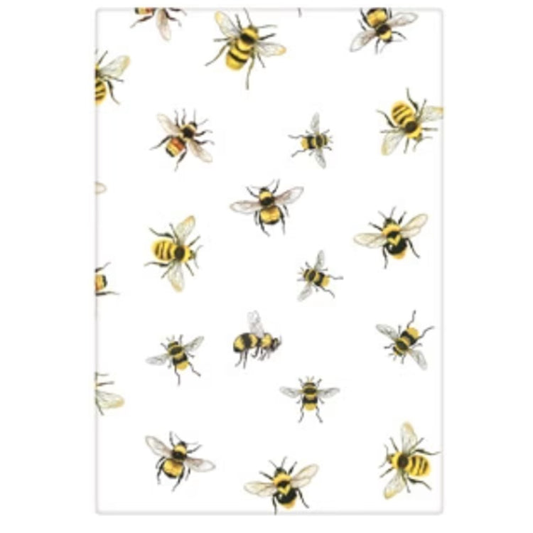 White towel with scattered bumble bees on it.