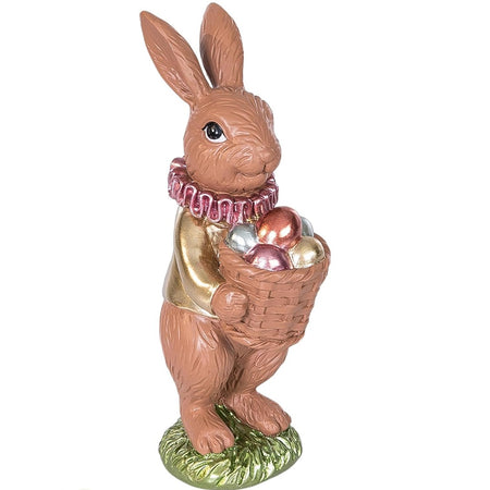 Gallerie II milk chocolate bunny figurine holding a basket of colorful eggs, 6.42 inch decorative Easter and spring tabletop accent with gold vest and grassy base.