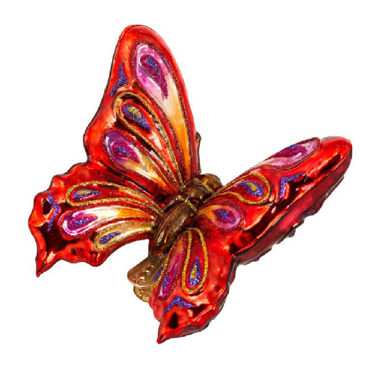 Blown glass red and purple butterfly clip on ornament.