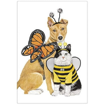 White Kitchen Towel with a dog wearing a butterfly costume with orange wings and an antennae headband. There is also a black and white cat wearing a bumble bee costume with yellow antennae, white wings and a yellow and black striped sweater