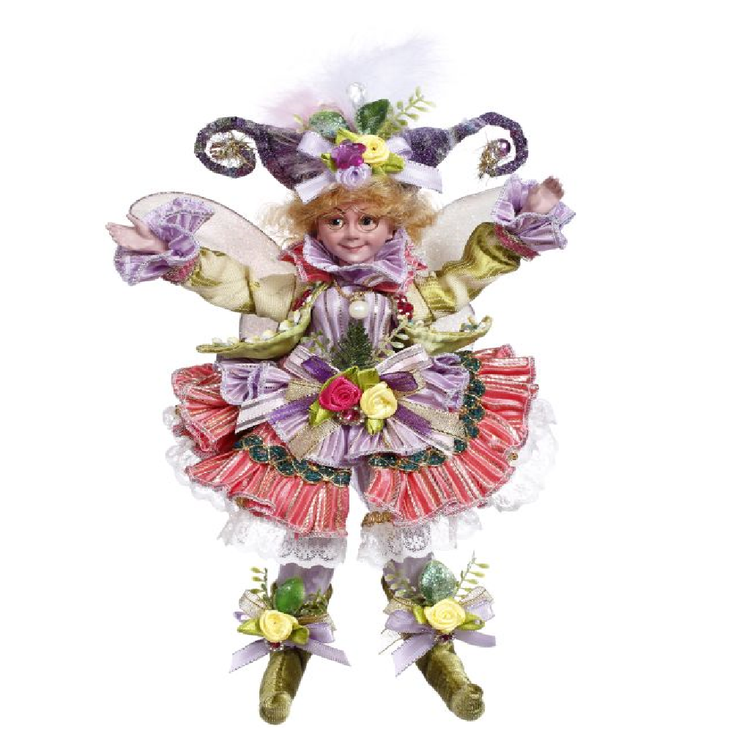 Girl fairy in pink green and yellow ruffly outfit, hat has two antennae like a butterfly.