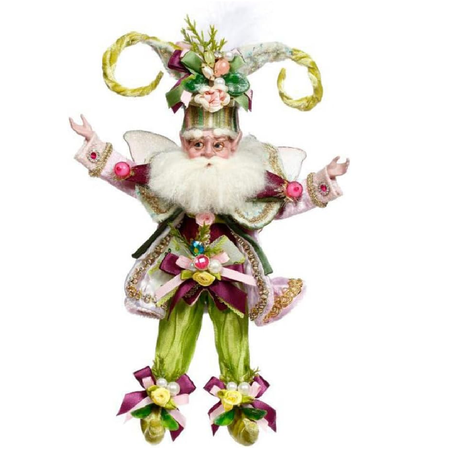 Bearded fairy wearing green outfit, with dark pink accents.