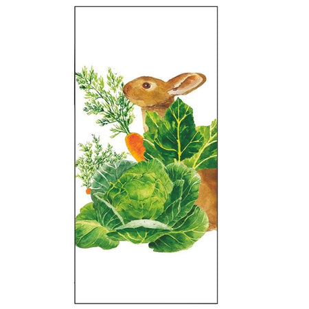 white kitchen towel with brown bunny in a vegetable garden