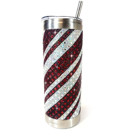 Jacqueline Kent crystal encrusted Christmas candy cane tumbler 20 ounce with lid straw and velvet bag