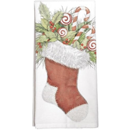 Red Christmas stocking with white cuff, heel and top.  It is filled with holly and candy canes