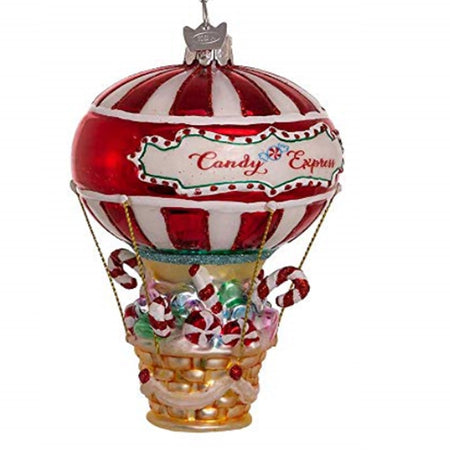 Hot Air balloon shaped ornament with the basket filled with candy and the banner says candy express