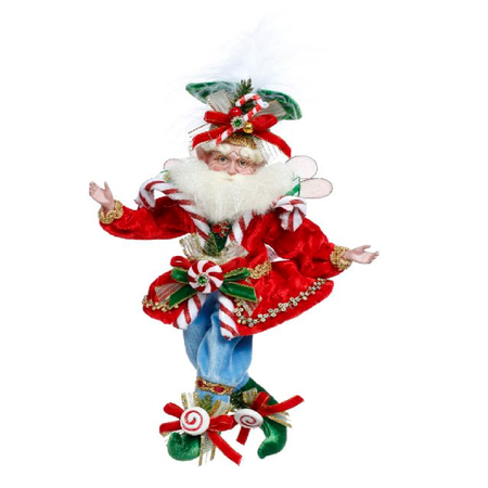 bearded fairy wearing red jacket with candy cane trim, hat and shoes also have peppermints.