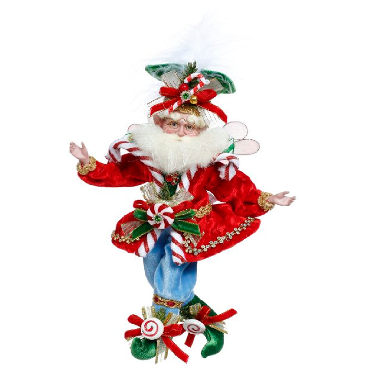bearded fairy wearing red jacket with candy cane trim, hat and shoes also have peppermints.