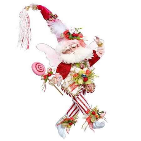 bearded fairy in red and white striped pants, holding a lollipop.