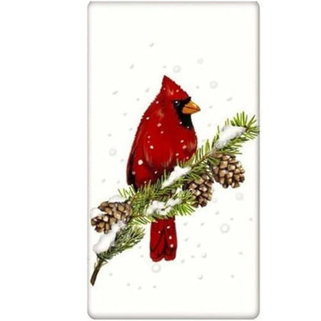 White kitchen towel with a red cardinal sitting on a pine branch in the snow