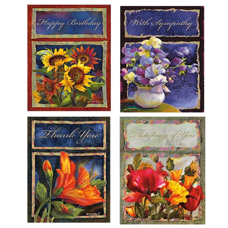 4 colorful greeting cards with different flowers, happy birthday, with sympathy, thank you and thinking of you.