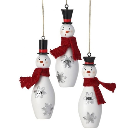 Three snowman-shaped Christmas ornaments with scarves and top hats on a white background