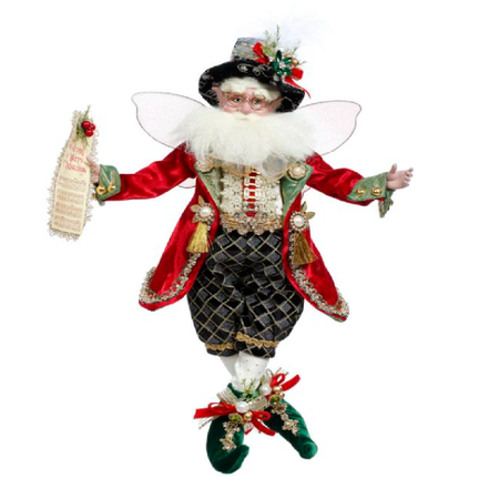 bearded fairy wearing red coat and black pants, holding a sheet of Christmas carol music.