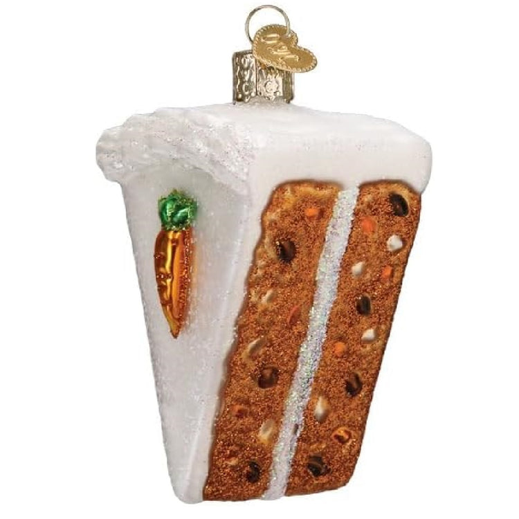 blown glass ornament, slice of carrot cake.