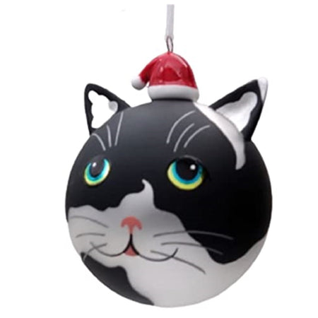 Round ball ornament with cat ears attached.  The ball is painted as a black and white cat and he wears a Santa hat