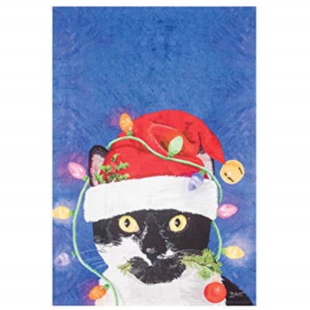 Blue kitchen towel with a black and white cat wearing a Santa hat and wrapped in Christmas lights