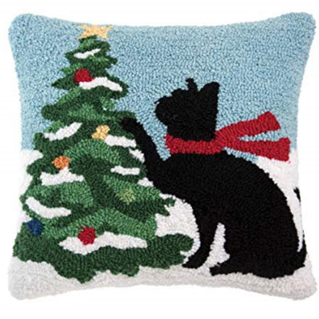 pillow with hook texture, blue and white background with black cat wearing a red scarf and a christmas tree.