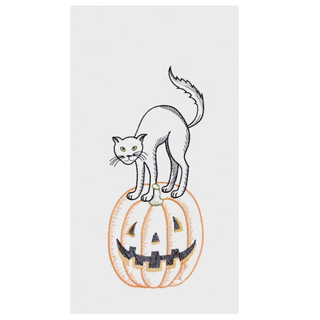 White kitchen towel with a black cat on a carved pumpkin in orange and black