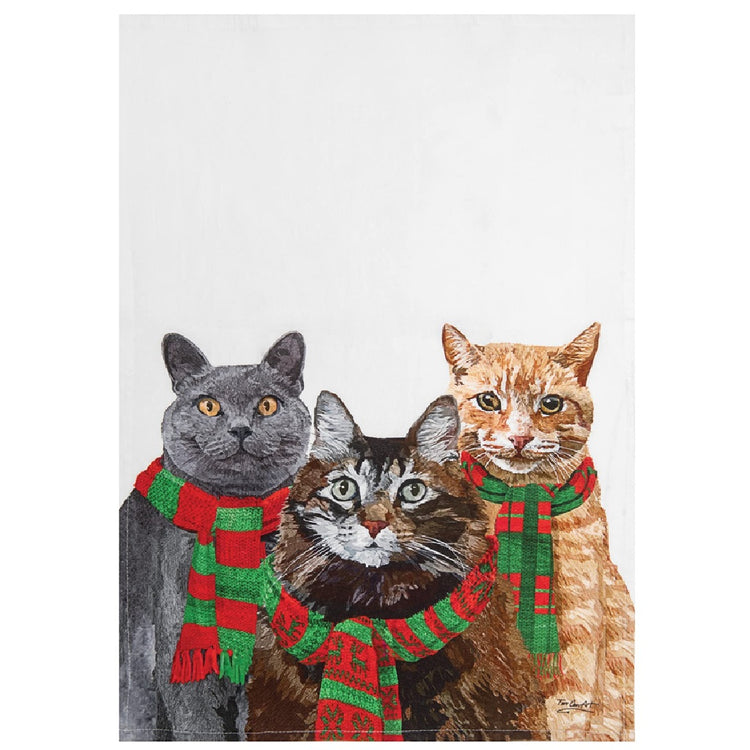 white/off white kitchen towel with 3 cats wearing winter scarves