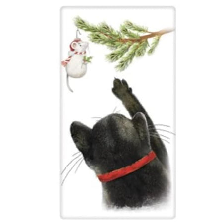 White kitchen towel with a black cat trying to get a mouse ornament hanging on a christmas tree bracnch