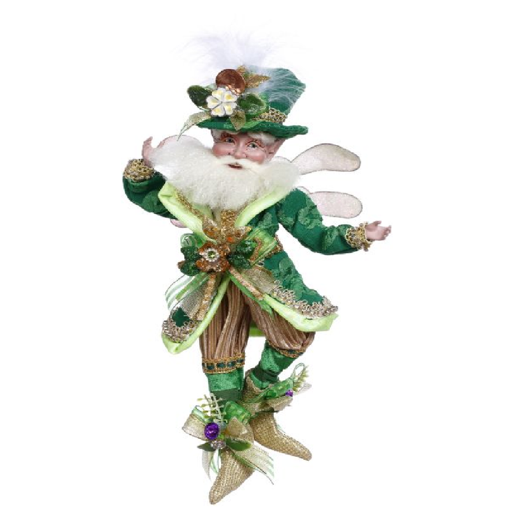bearded fairy in green and gold suit. His green hat has a clover and penny accent.