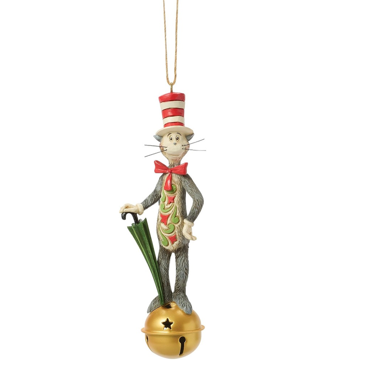 A Dr. Seuss Cat in the Hat Christmas ornament featuring the character standing on a gold bell and holding a green umbrella, with a red and white striped hat, against a white background.