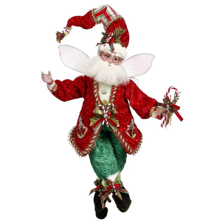 bearded fairy wearing green pants, a red jacket, red and striped stocking cap, all adorned with candy cane accents.