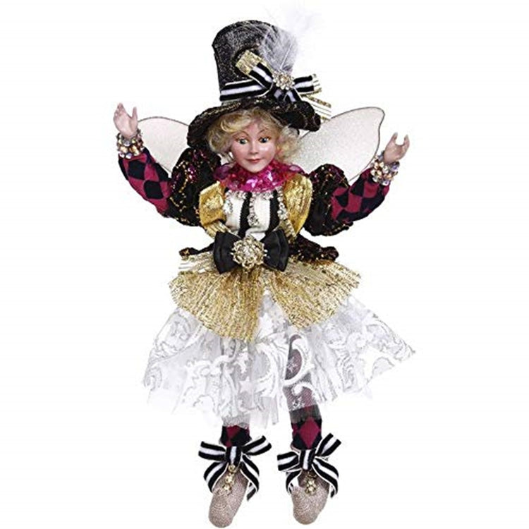 fairy girl in a black tall top hat, white lace dress with gold overlay and red and black patterned jacket