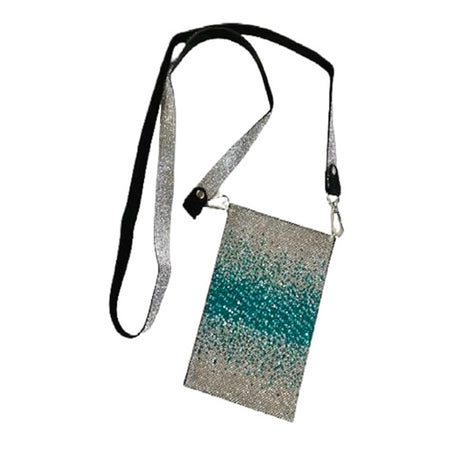 rectangular purse with silver bead all over, including strap. Back of strap is black. The center of the purse itself has a splattering of turquoise beens.