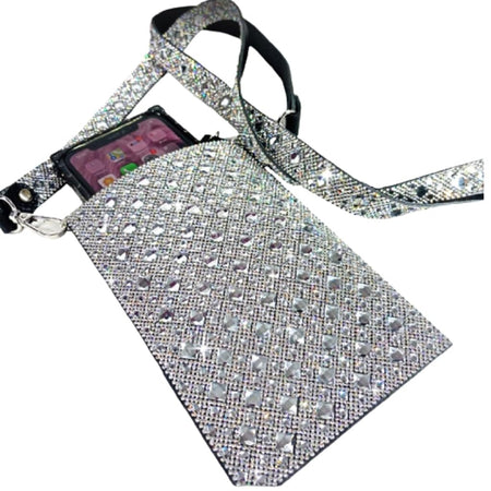 Jacqueline Kent Royal Ice cellphone crossbody purse with white diamond and silver crystal front and smooth back with open interior.