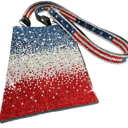 Jacqueline Kent red white and blue cellphone crossbody purse with smooth back and open interior.