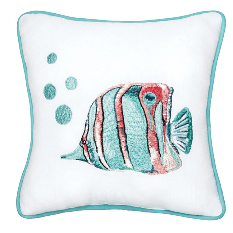 C&F Home Swimming Fish mini pillow 10 x 10 inches embroidered cotton with seaglass piping