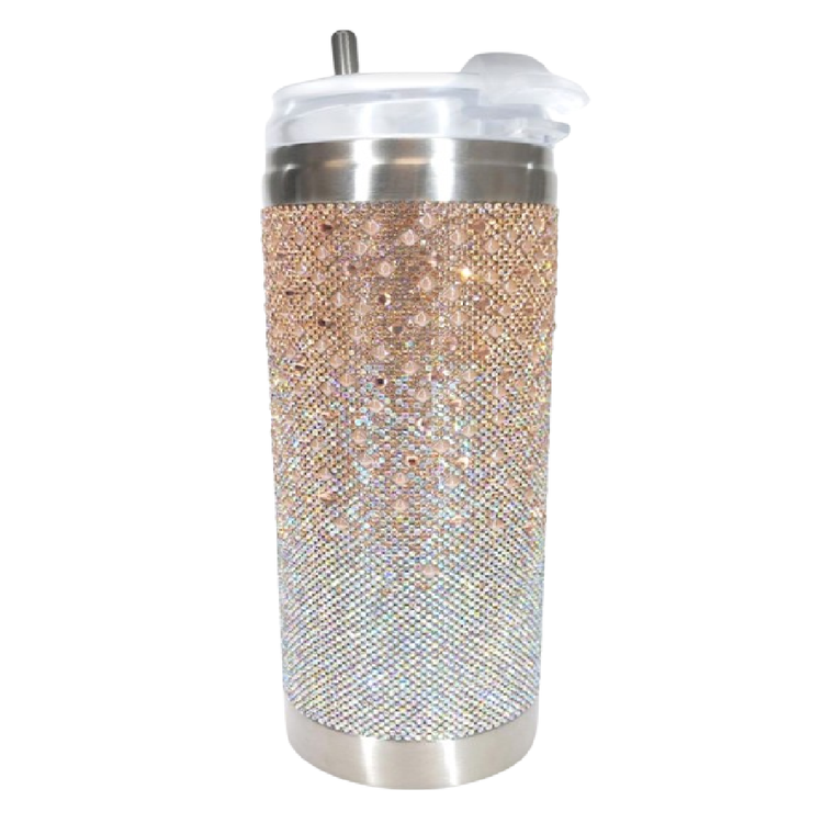 bedazzled tumbler covered in champagne and silver crystals in an ombre design.