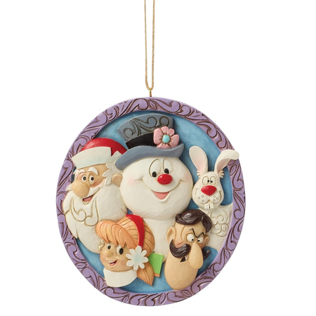 Decorative Christmas ornament with Frosty cartoon characters on a white background