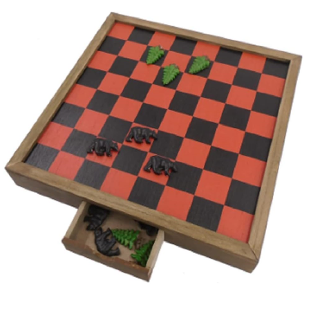 checkerboard with red and black checks, the game pieces are black bears and pine trees, there is a drawer in the board for storage