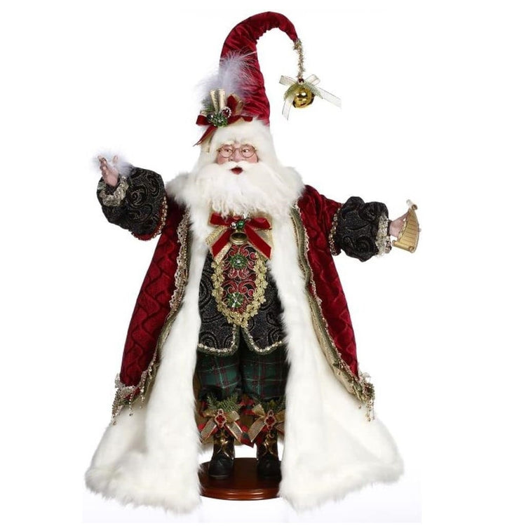 santa wearing long red coat with white fur lining, dark green suit underneath, holding a list in one hand.
