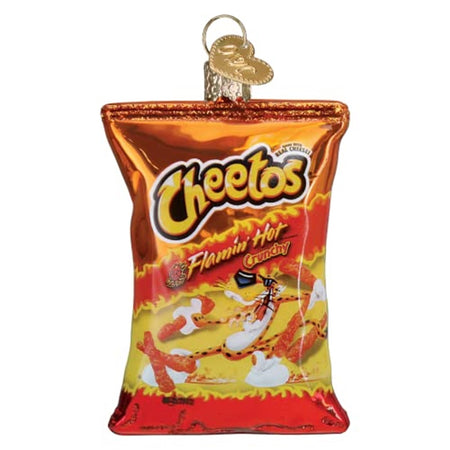 Hanging ornament in the shape of a bag of flaming hot Cheetos. Orange with tiger